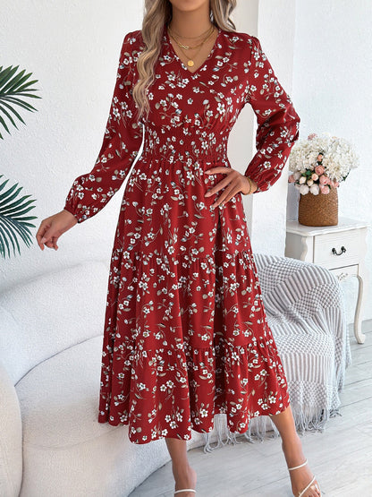 Floral V Neck Long Sleeve Smocked Tiered Midi Dress