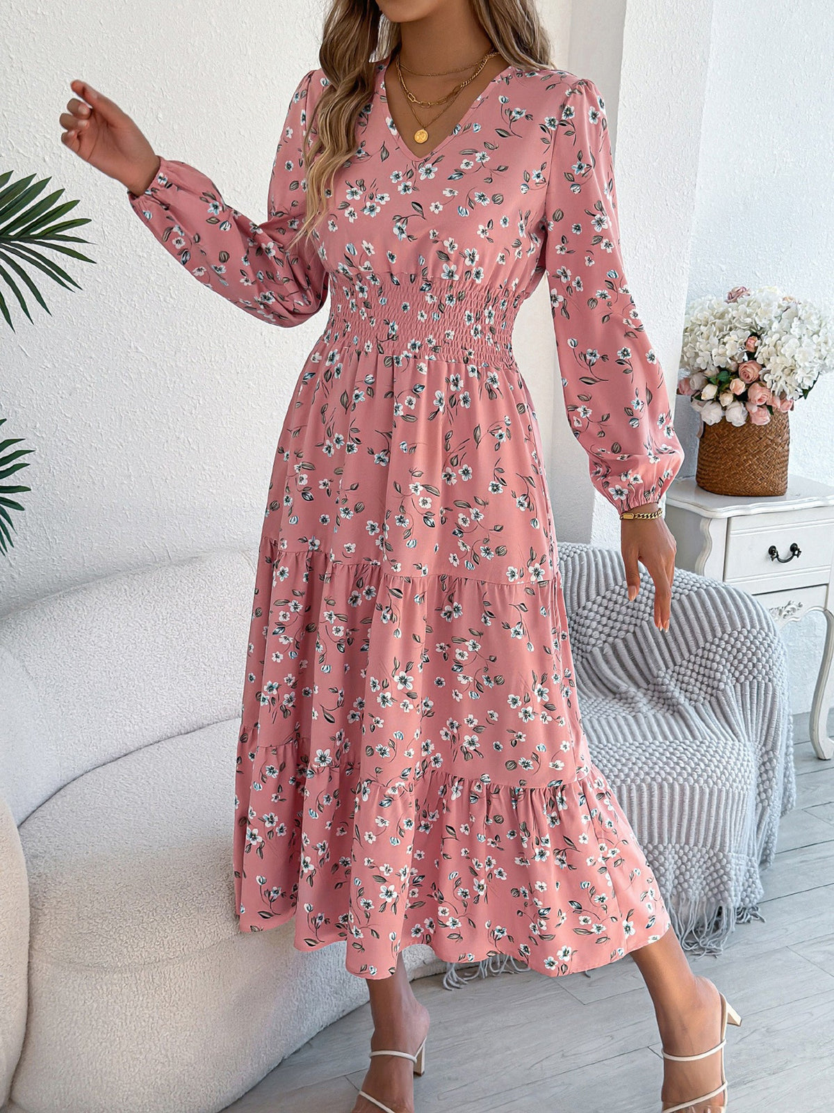 Floral V Neck Long Sleeve Smocked Tiered Midi Dress