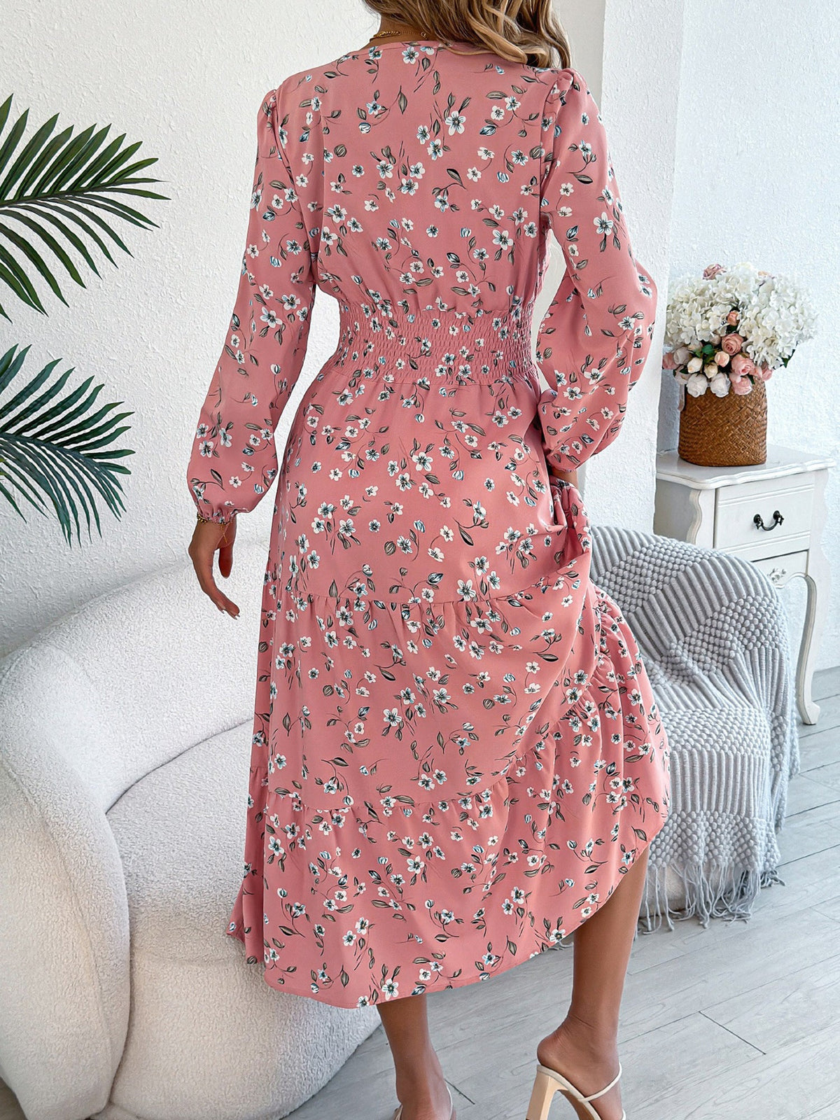 Floral V Neck Long Sleeve Smocked Tiered Midi Dress