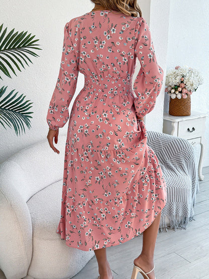 Floral V Neck Long Sleeve Smocked Tiered Midi Dress