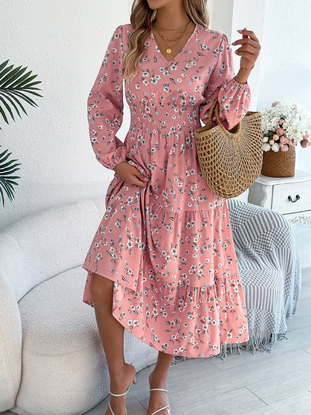 Floral V Neck Long Sleeve Smocked Tiered Midi Dress
