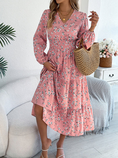 Floral V Neck Long Sleeve Smocked Tiered Midi Dress