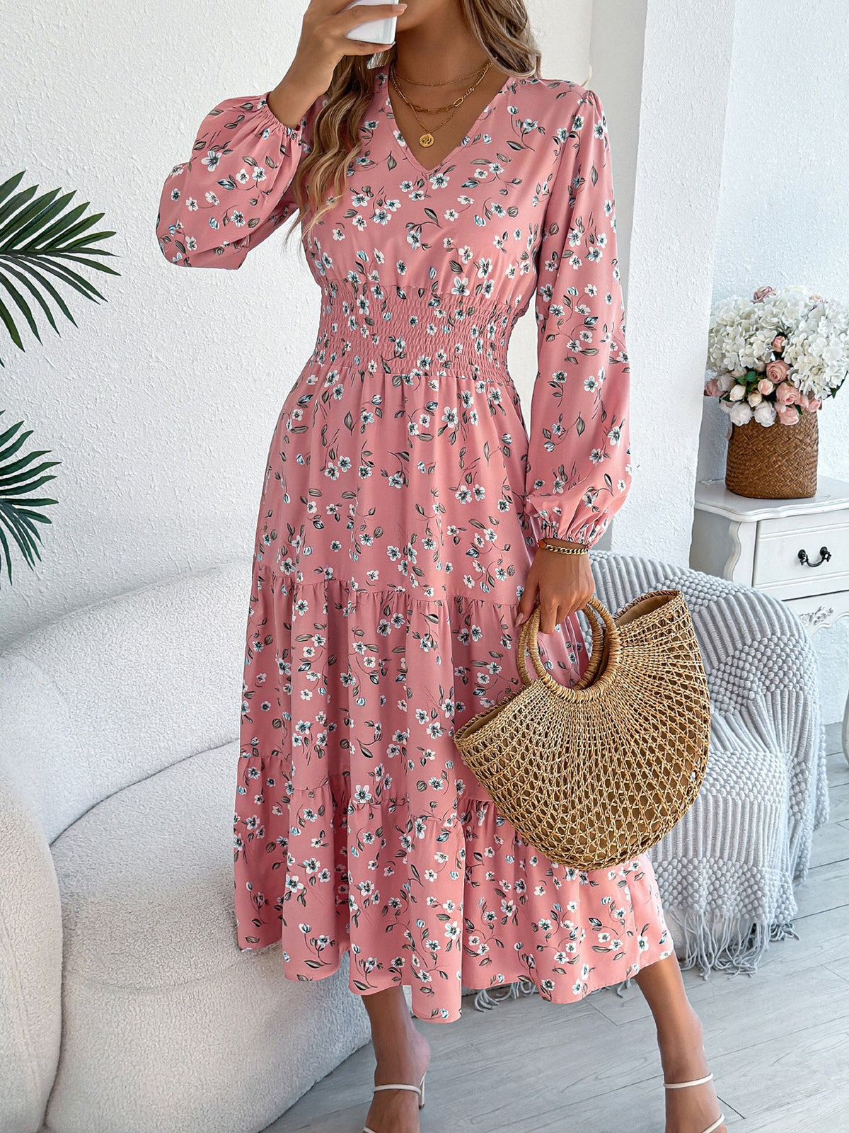 Floral V Neck Long Sleeve Smocked Tiered Midi Dress