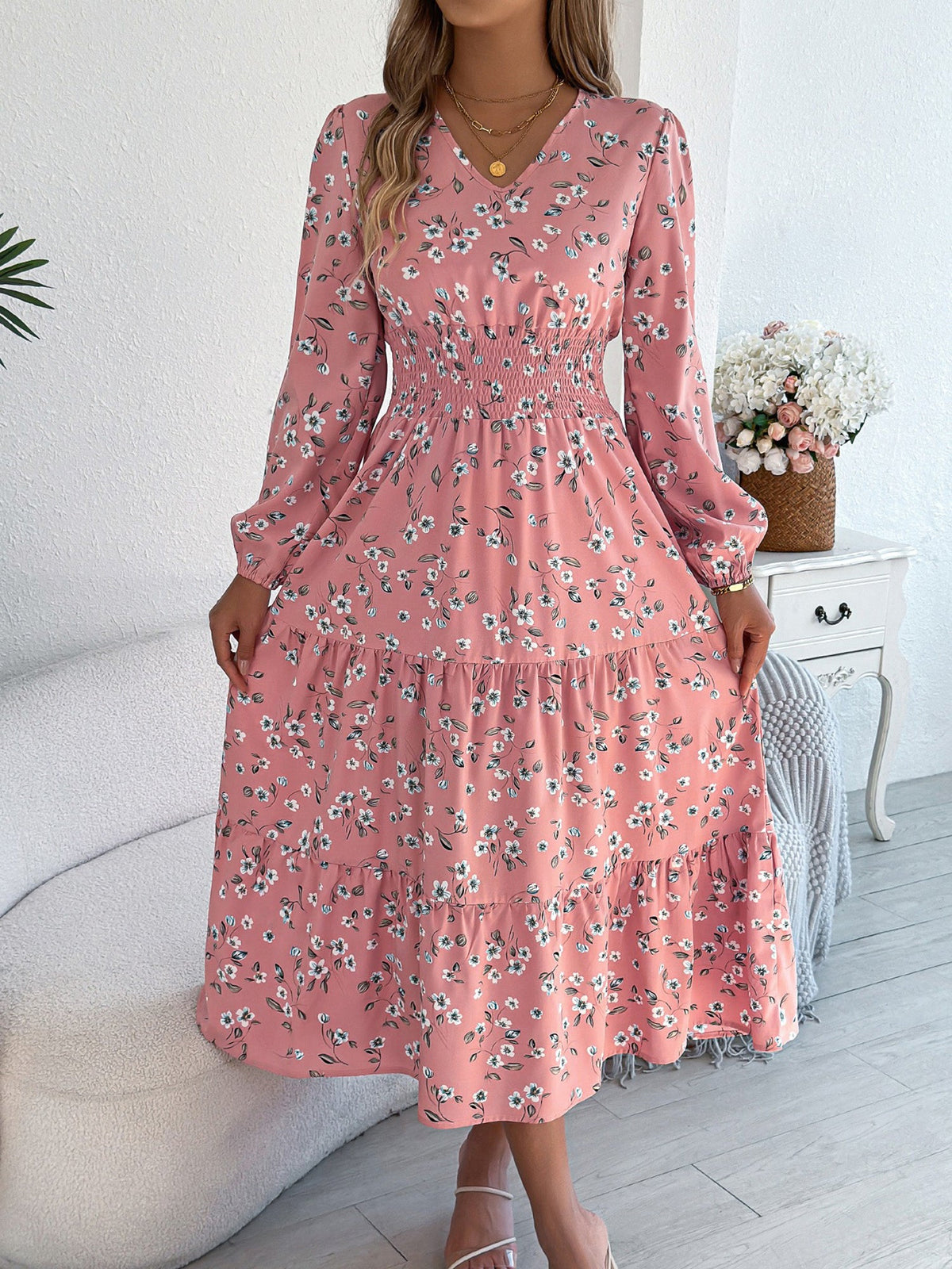 Floral V Neck Long Sleeve Smocked Tiered Midi Dress