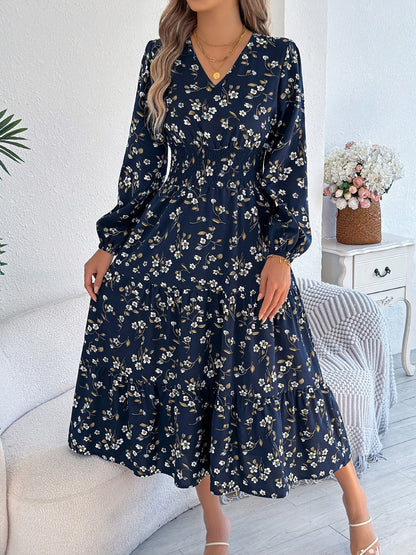 Floral V Neck Long Sleeve Smocked Tiered Midi Dress