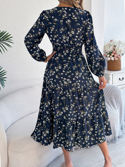 Floral V Neck Long Sleeve Smocked Tiered Midi Dress
