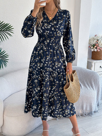 Floral V Neck Long Sleeve Smocked Tiered Midi Dress