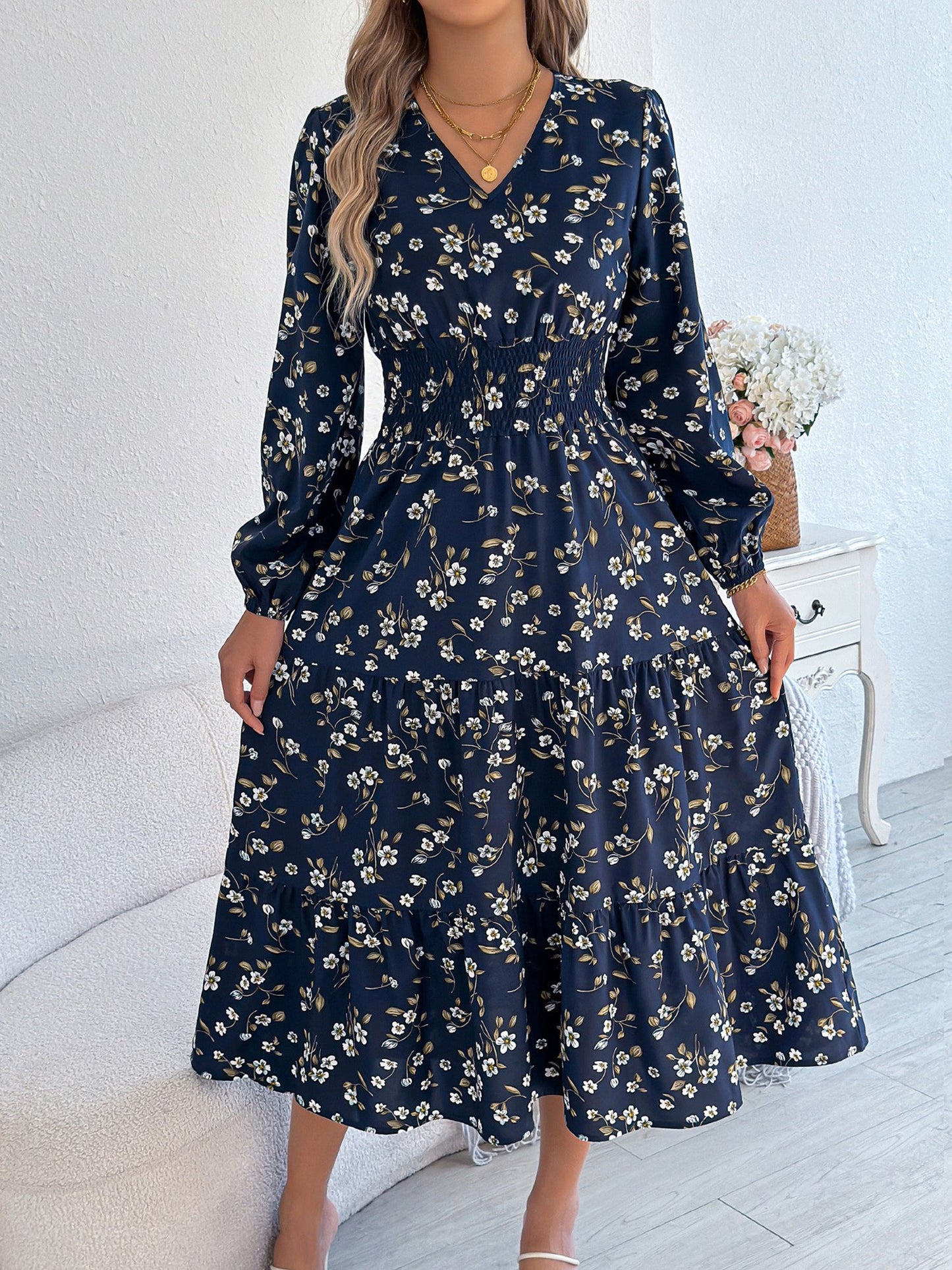 Floral V Neck Long Sleeve Smocked Tiered Midi Dress