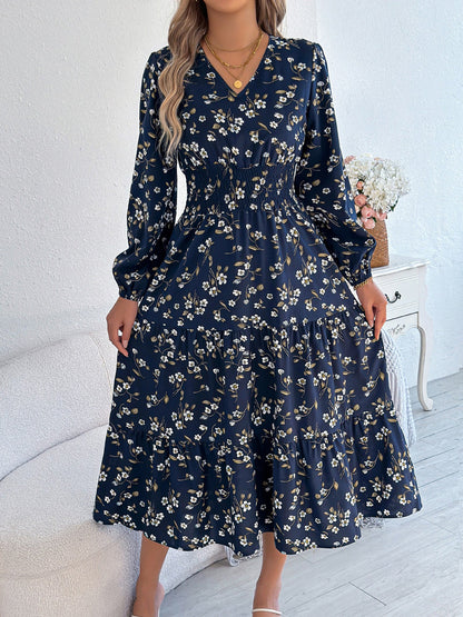 Floral V Neck Long Sleeve Smocked Tiered Midi Dress