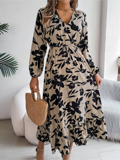 Casual Floral V Neck Long Sleeve Midi Dress