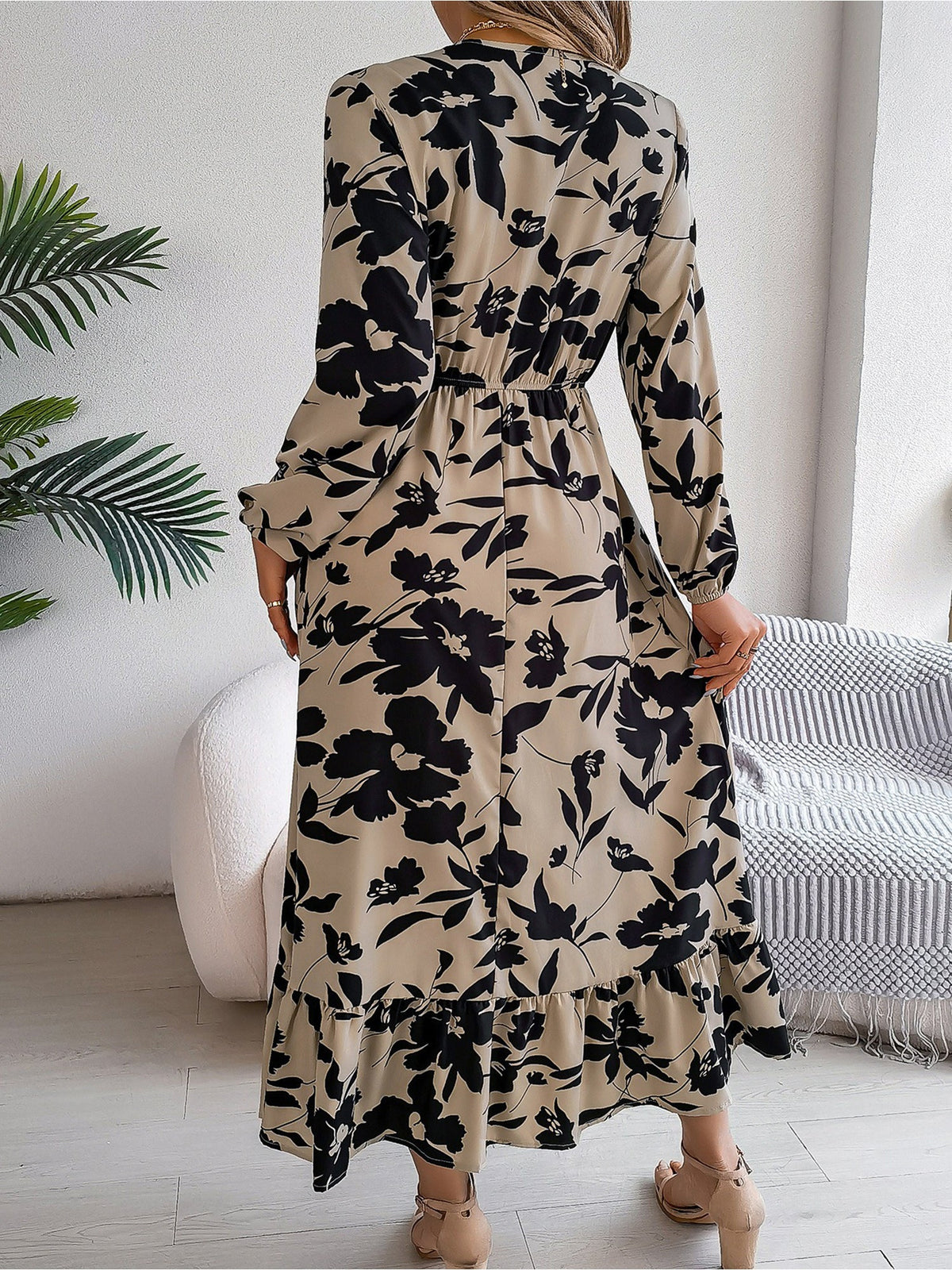Casual Floral V Neck Long Sleeve Midi Dress
