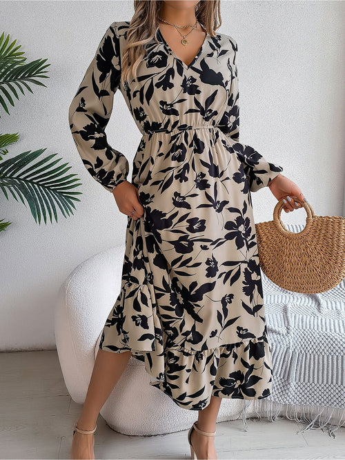 Casual Floral V Neck Long Sleeve Midi Dress