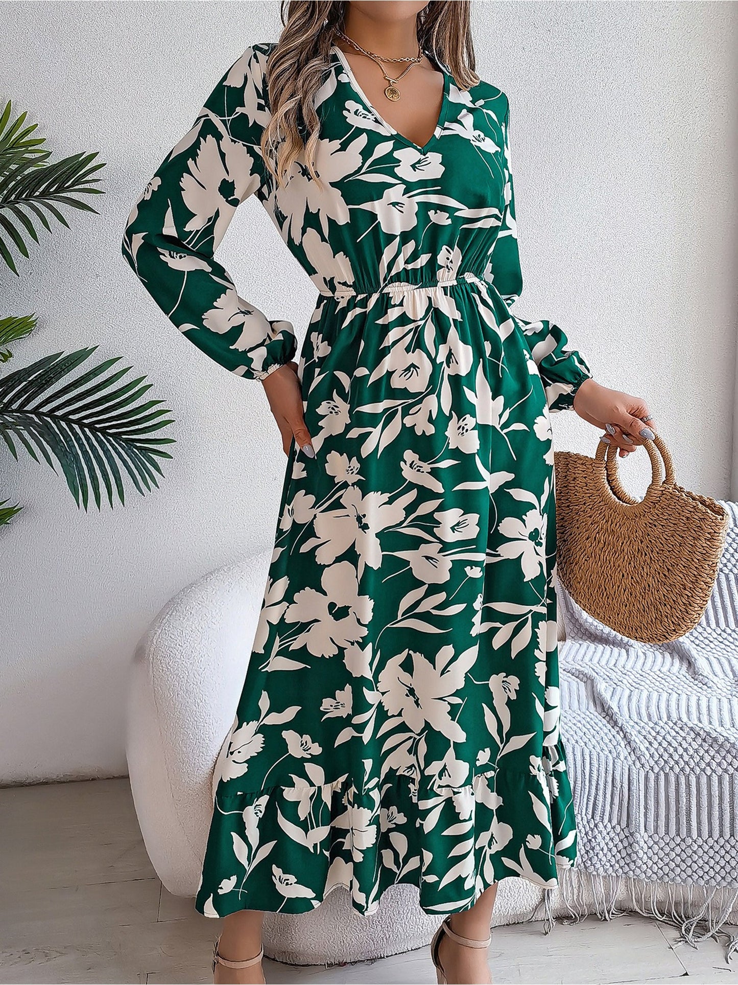 Casual Floral V Neck Long Sleeve Midi Dress