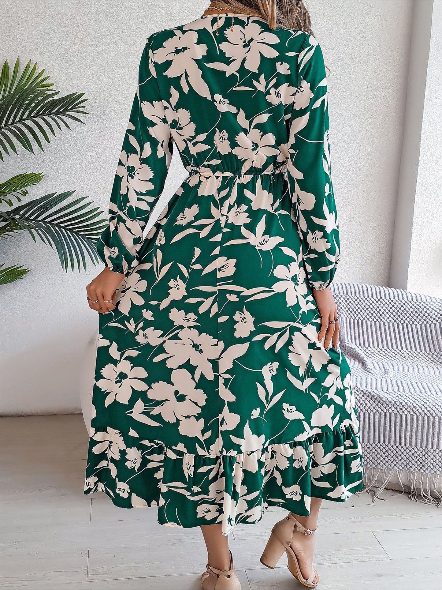 Casual Floral V Neck Long Sleeve Midi Dress
