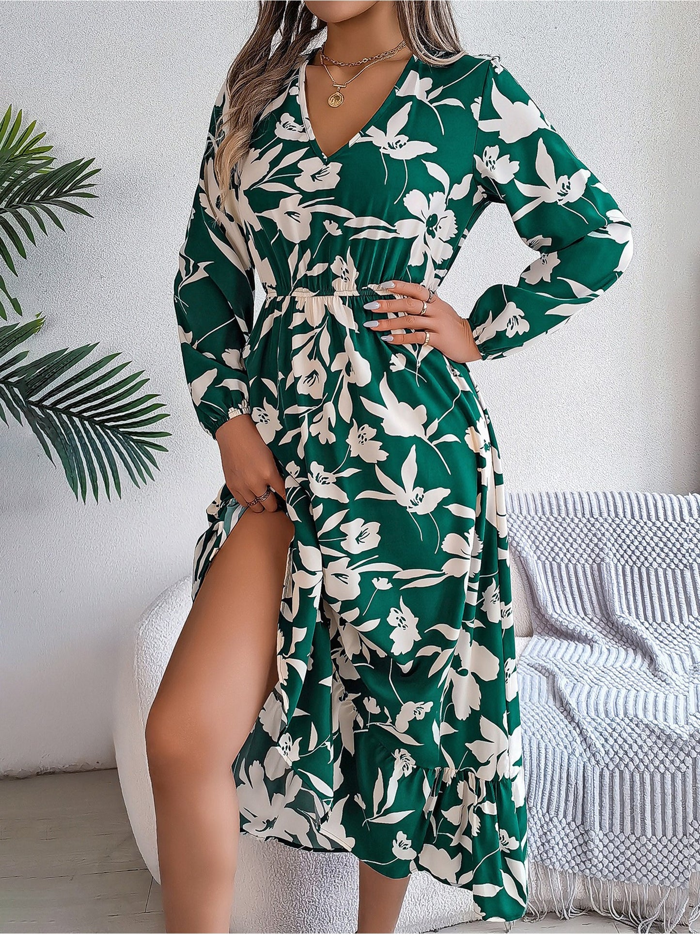 Casual Floral V Neck Long Sleeve Midi Dress