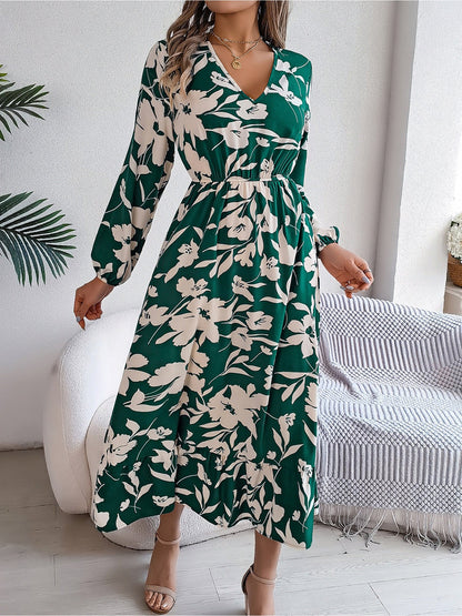 Casual Floral V Neck Long Sleeve Midi Dress