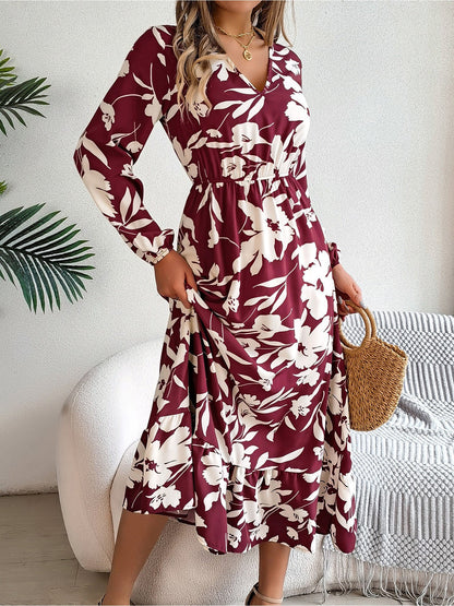 Casual Floral V Neck Long Sleeve Midi Dress