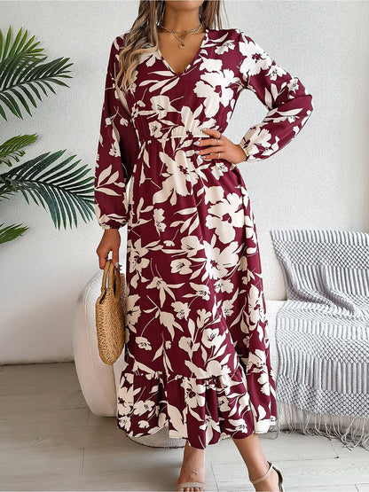 Casual Floral V Neck Long Sleeve Midi Dress