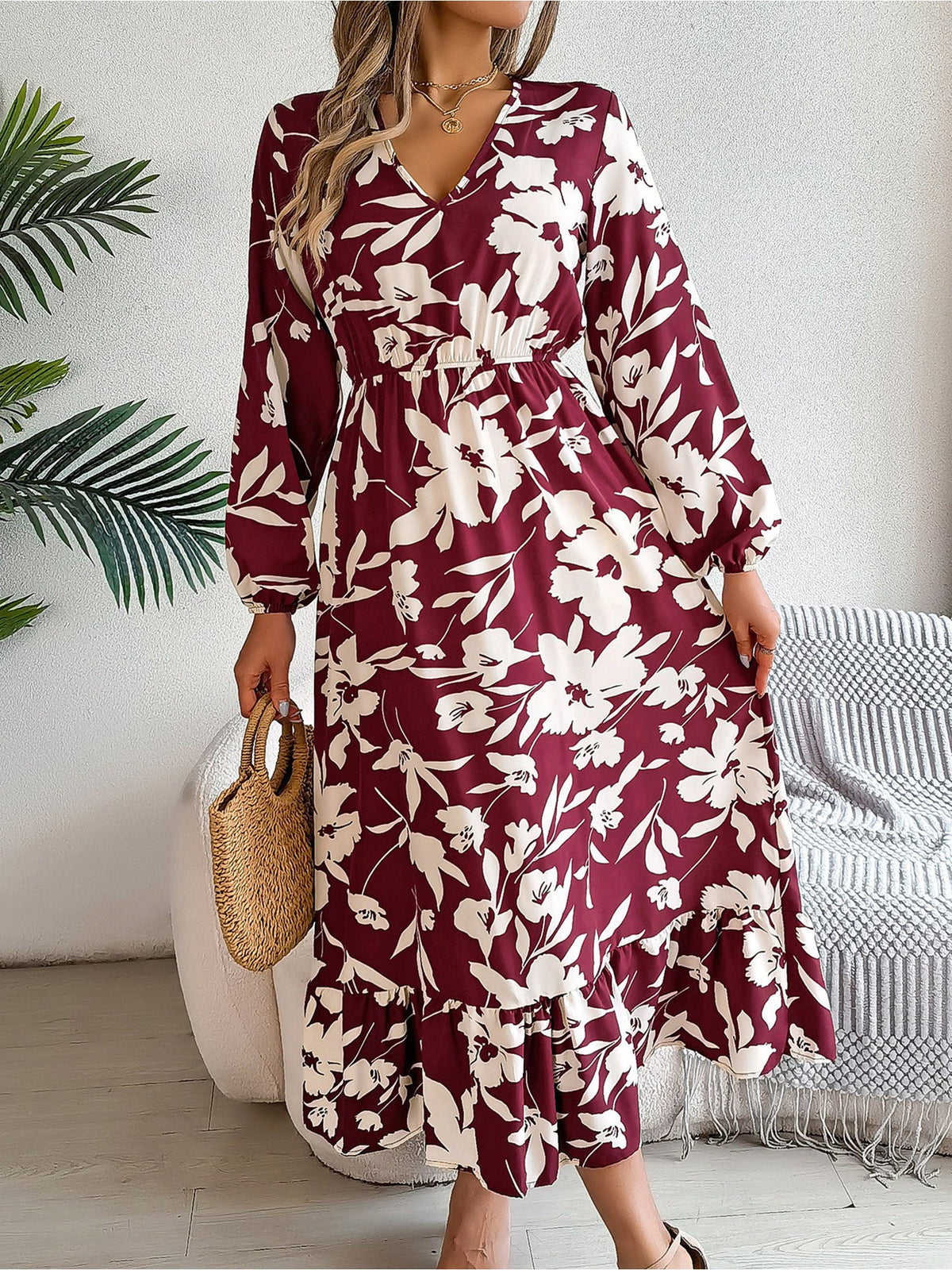 Casual Floral V Neck Long Sleeve Midi Dress