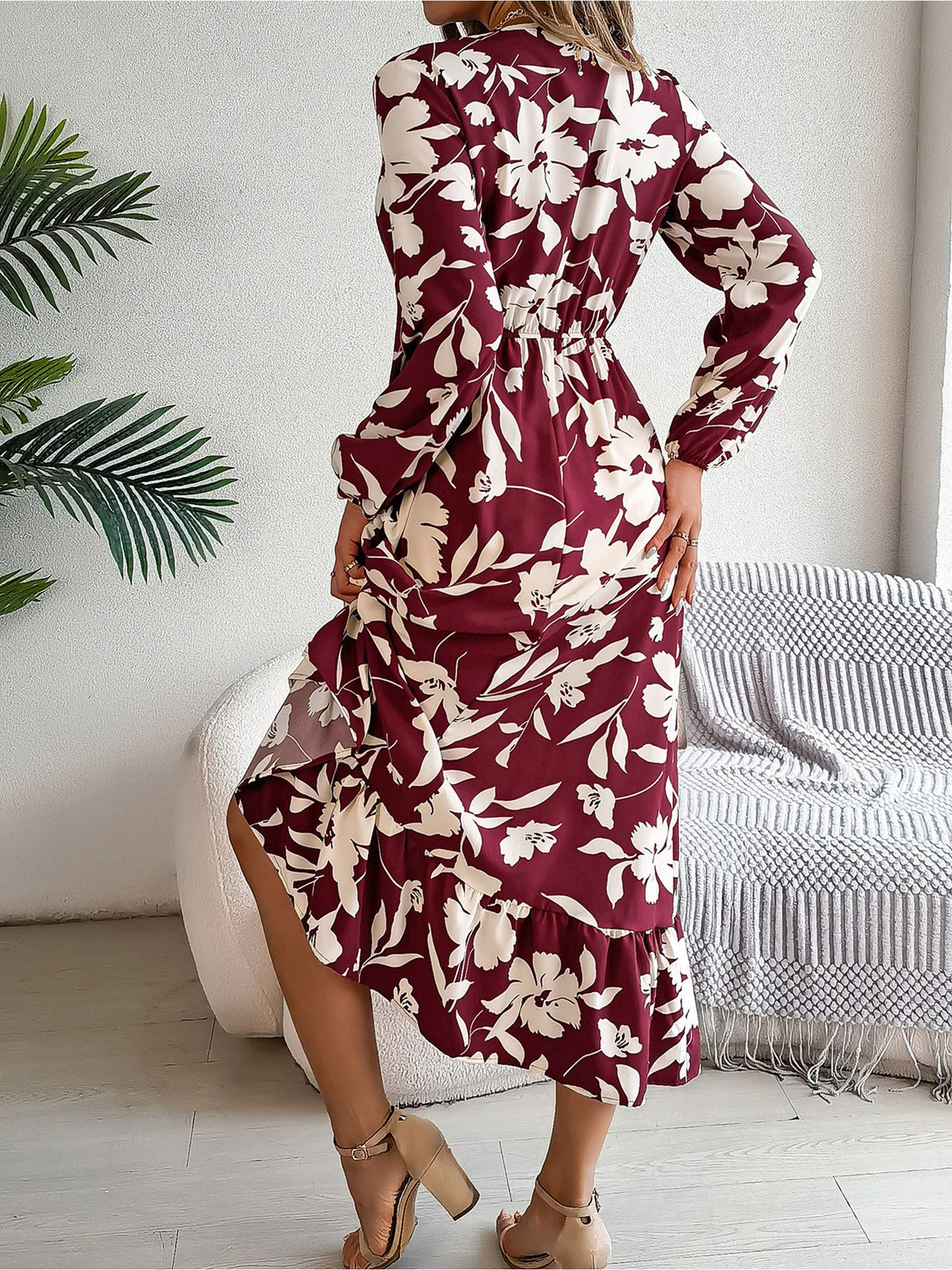 Casual Floral V Neck Long Sleeve Midi Dress