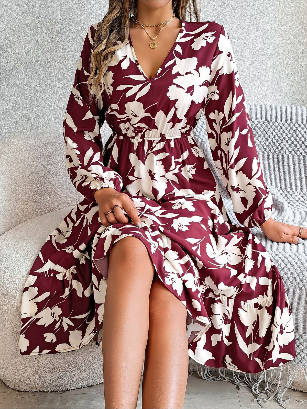 Casual Floral V Neck Long Sleeve Midi Dress