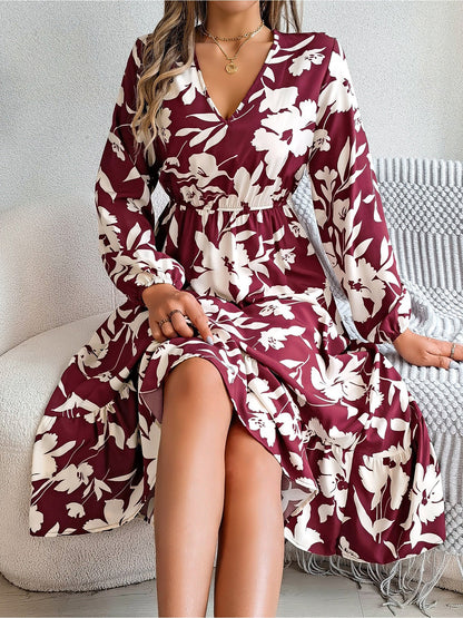 Casual Floral V Neck Long Sleeve Midi Dress