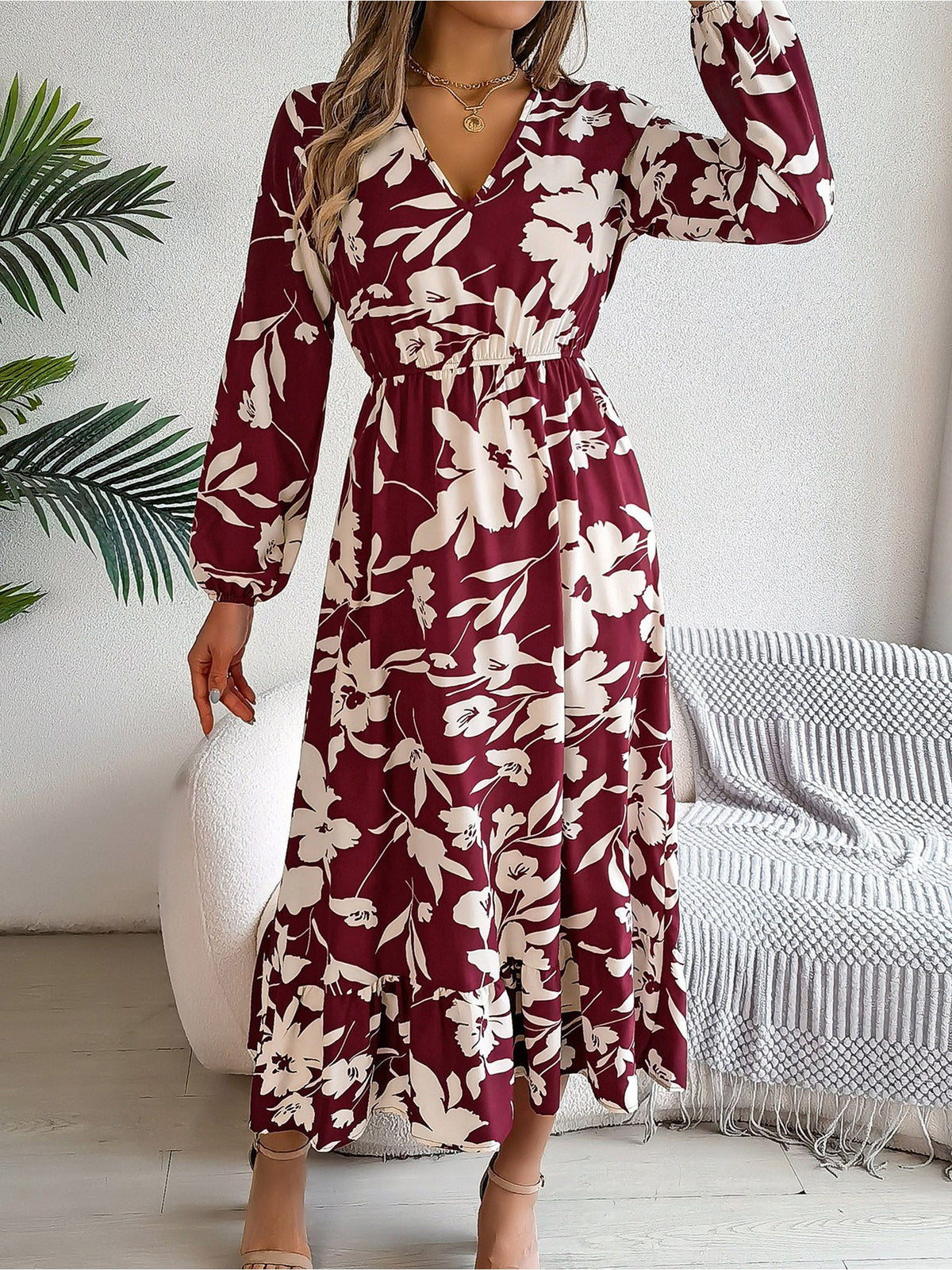 Casual Floral V Neck Long Sleeve Midi Dress