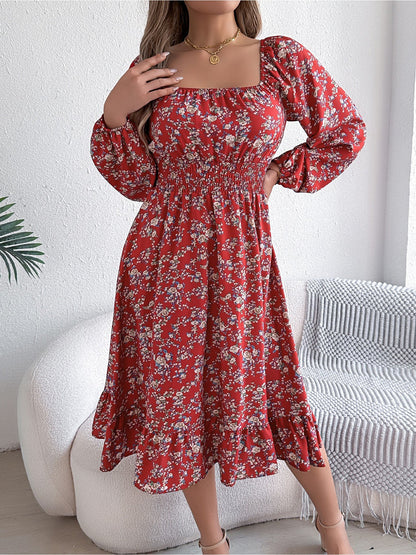 Floral Square Neck Long Sleeve Smocked A-Line Dress