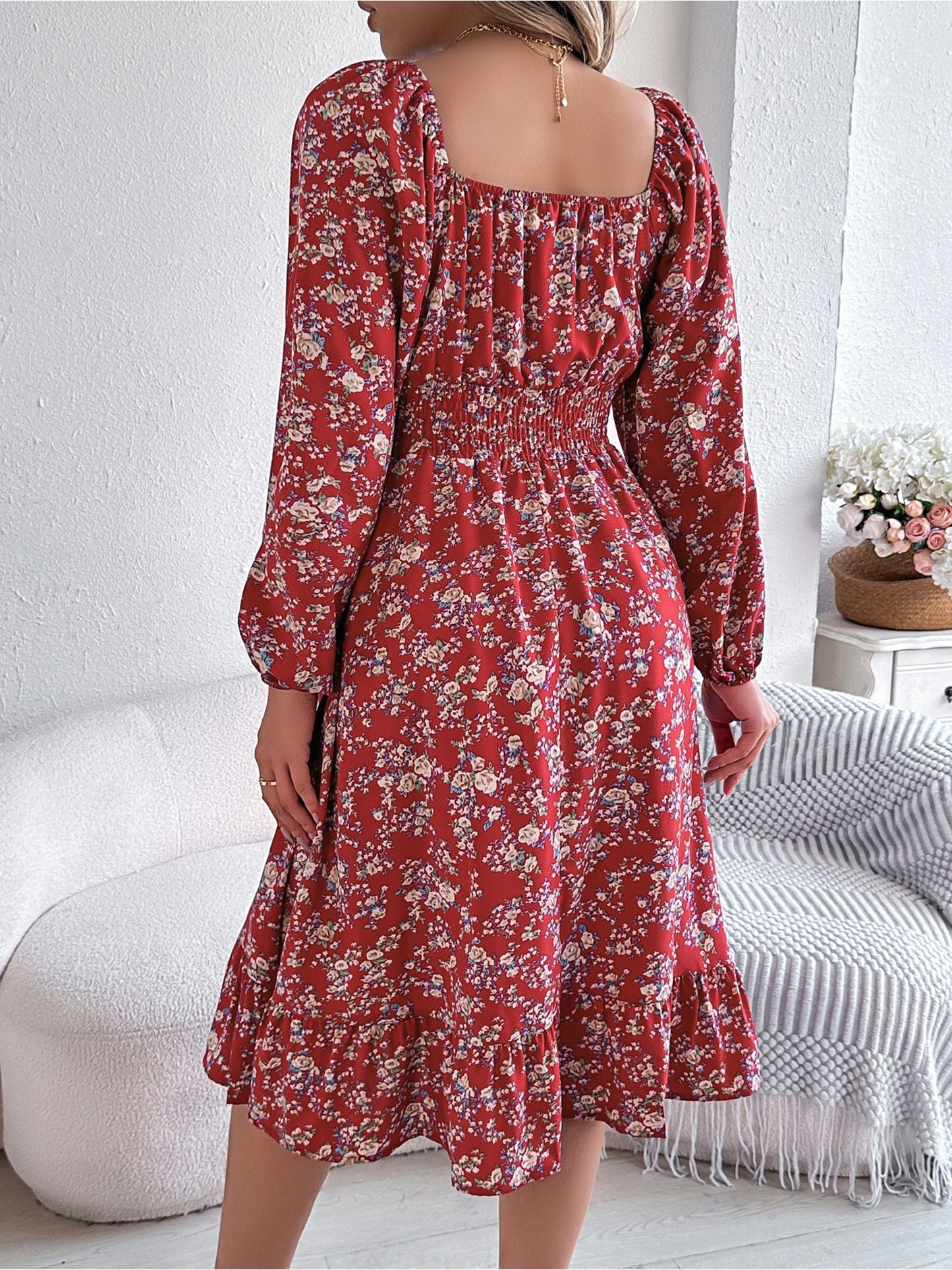 Floral Square Neck Long Sleeve Smocked A-Line Dress