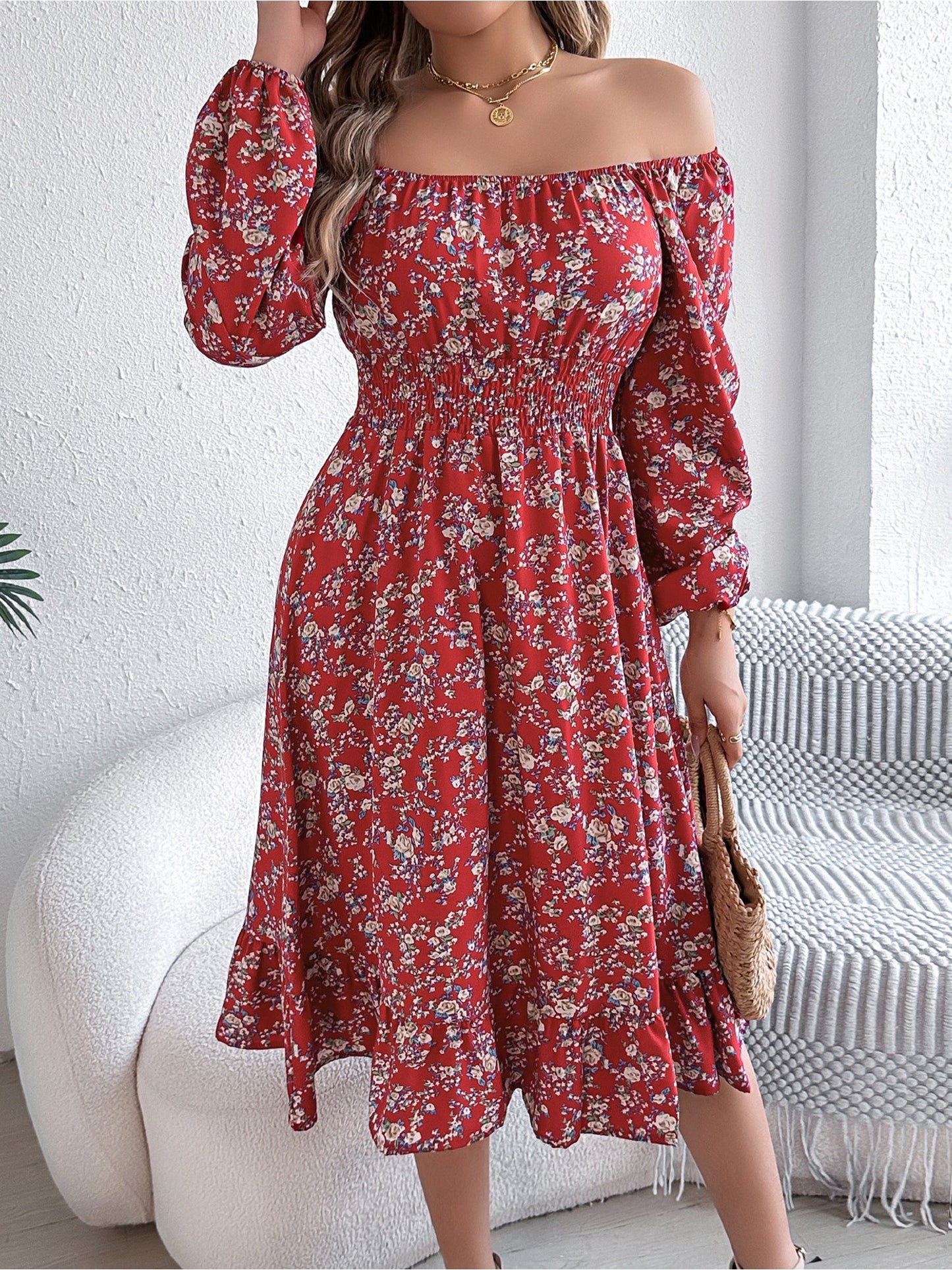 Floral Square Neck Long Sleeve Smocked A-Line Dress