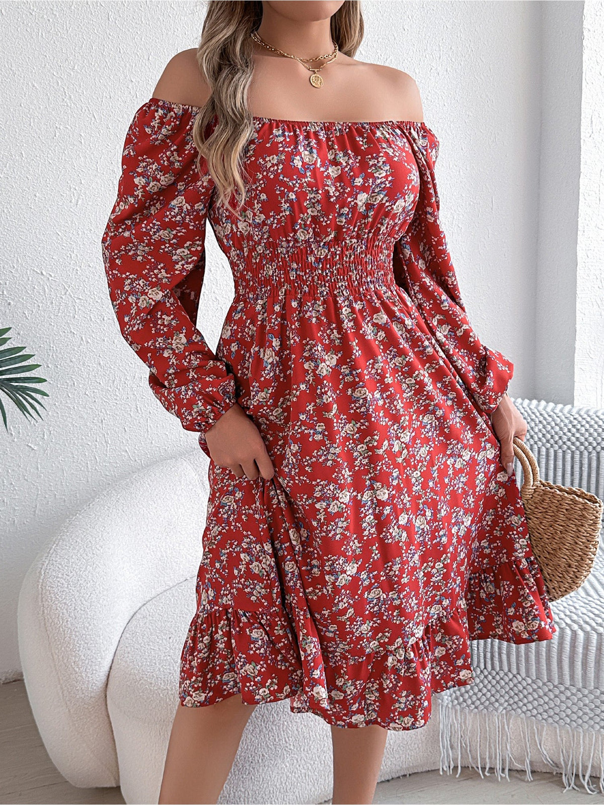 Floral Square Neck Long Sleeve Smocked A-Line Dress