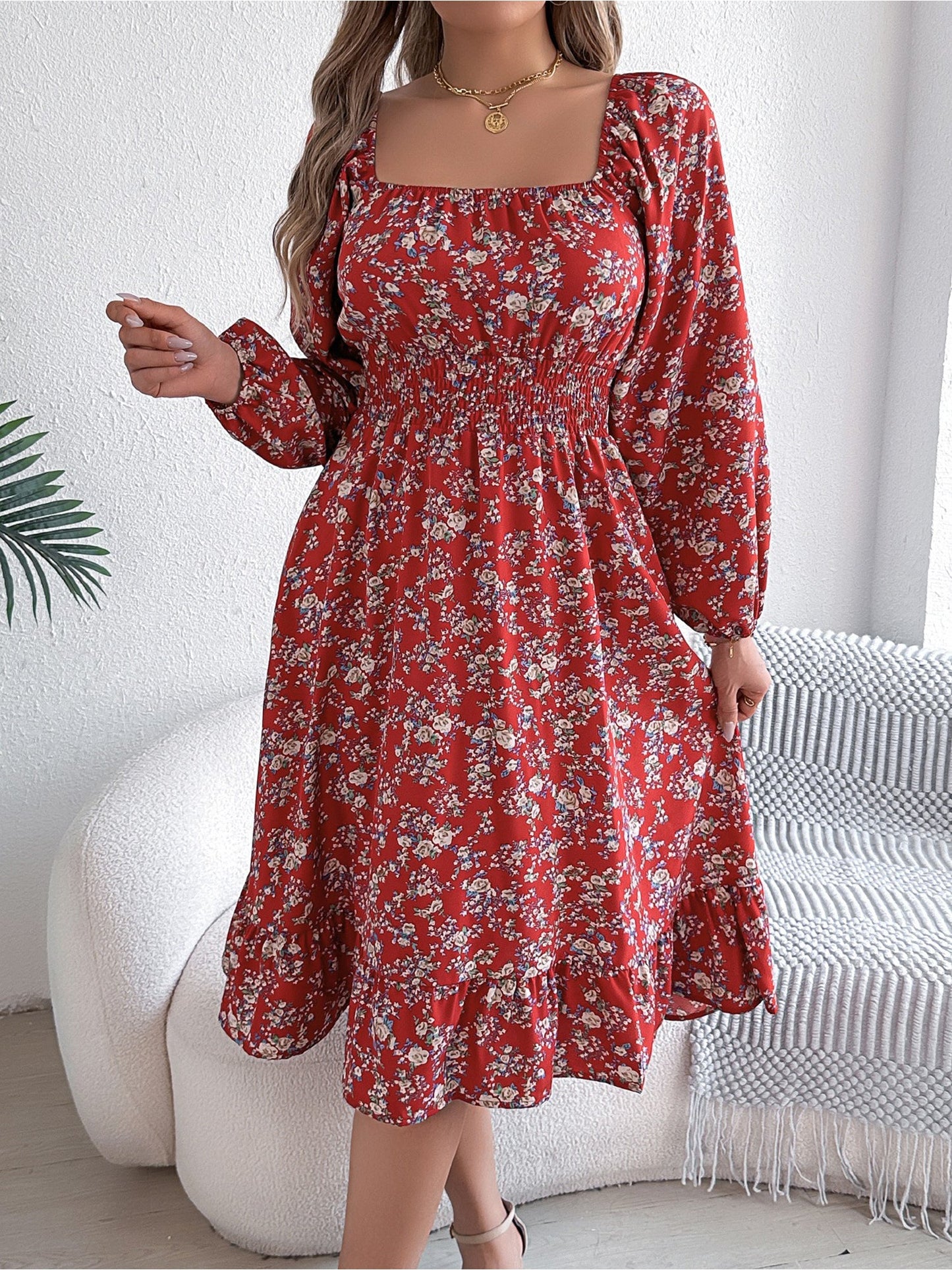 Floral Square Neck Long Sleeve Smocked A-Line Dress