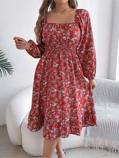 Floral Square Neck Long Sleeve Smocked A-Line Dress