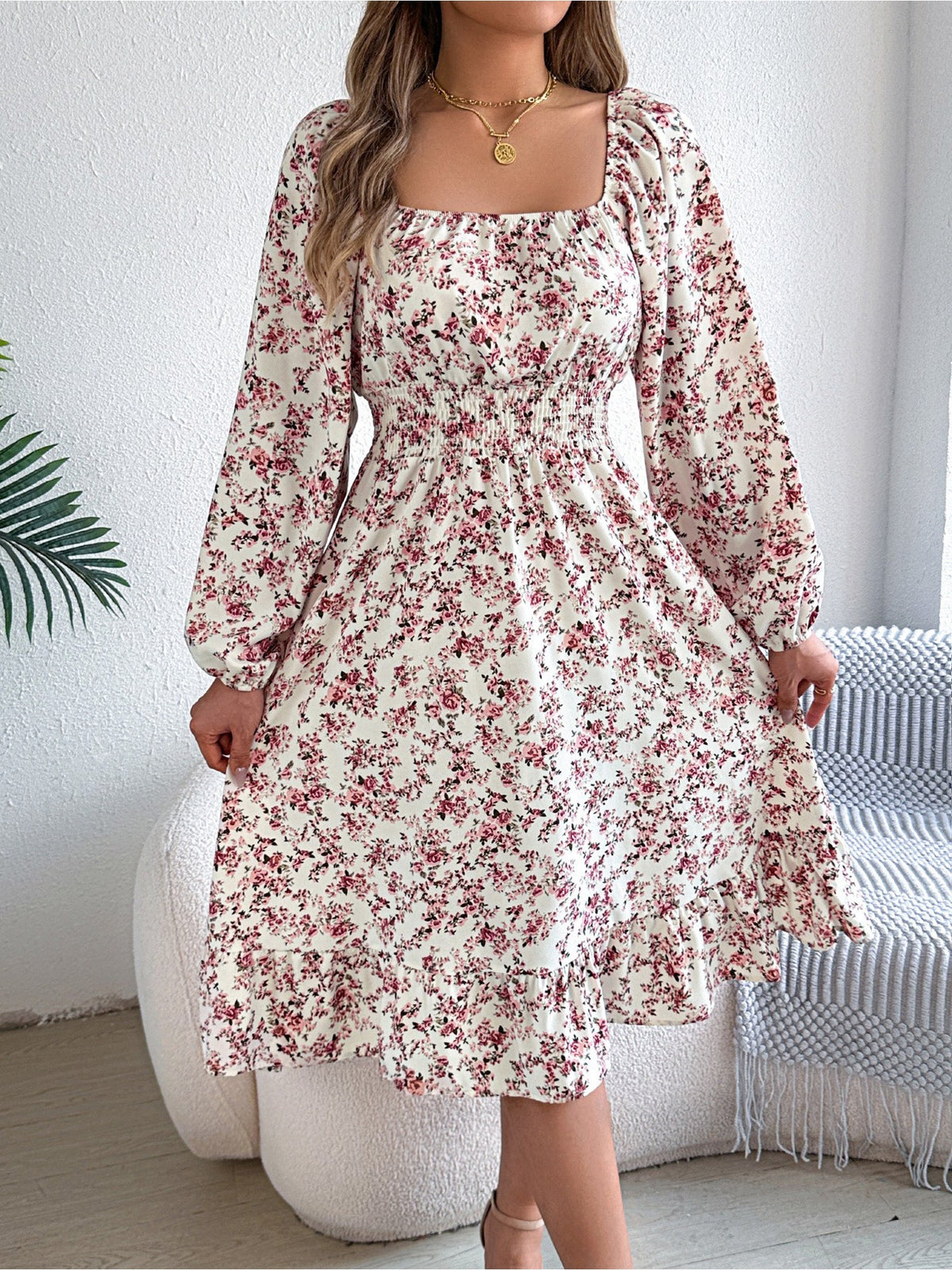 Floral Square Neck Long Sleeve Smocked A-Line Dress