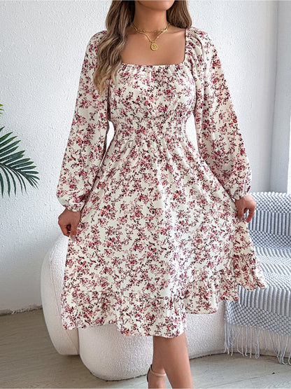 Floral Square Neck Long Sleeve Smocked A-Line Dress