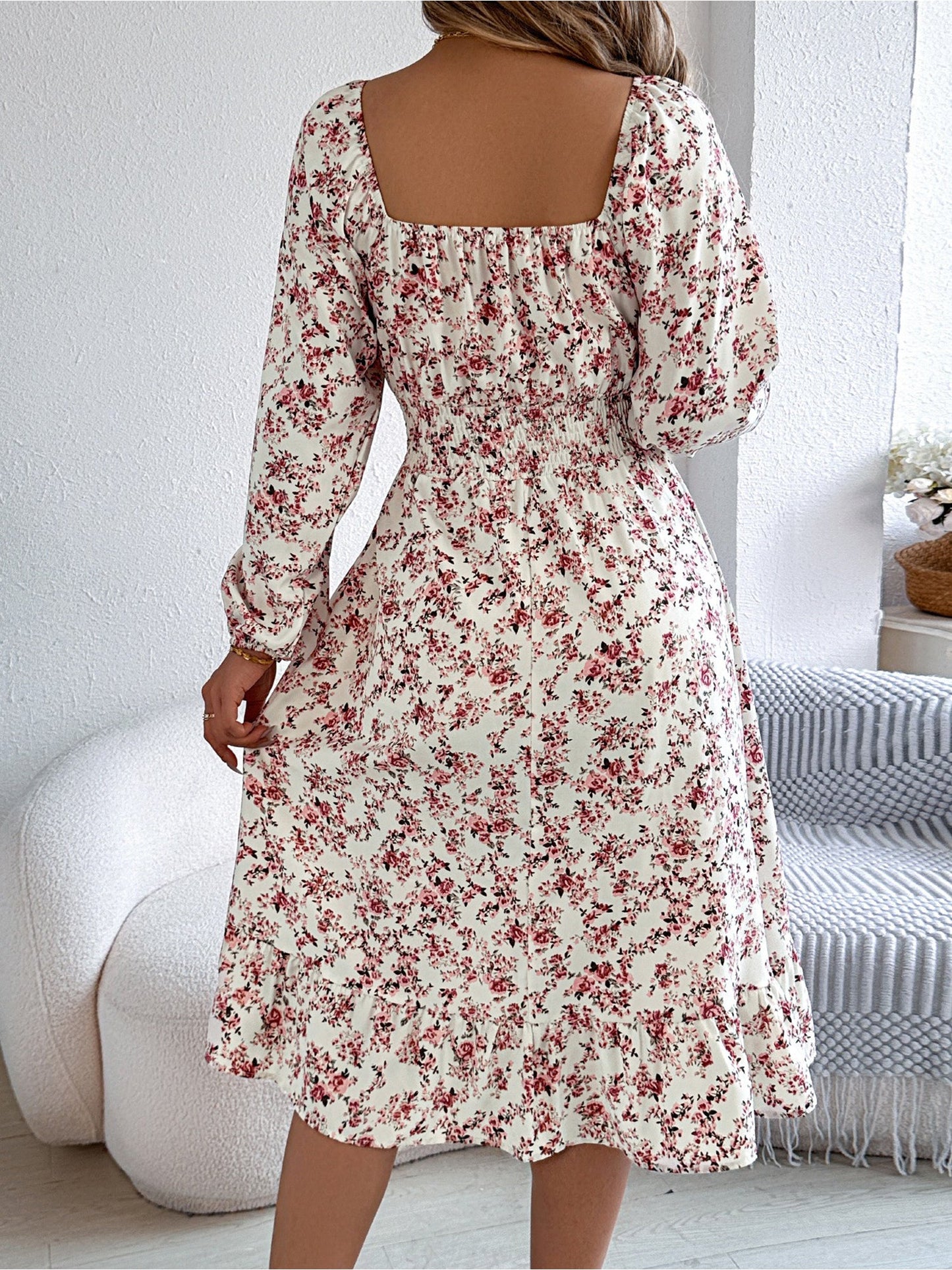 Floral Square Neck Long Sleeve Smocked A-Line Dress