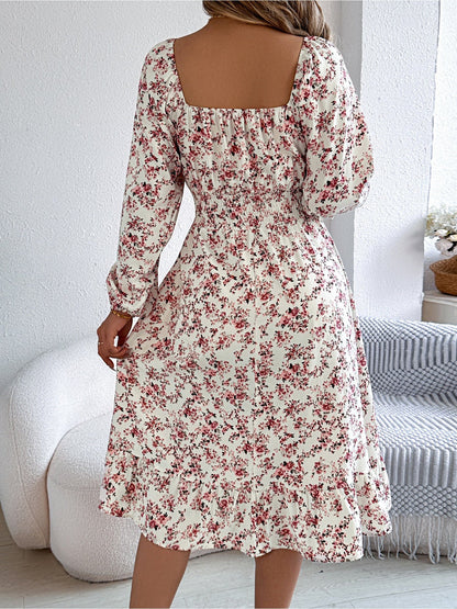 Floral Square Neck Long Sleeve Smocked A-Line Dress