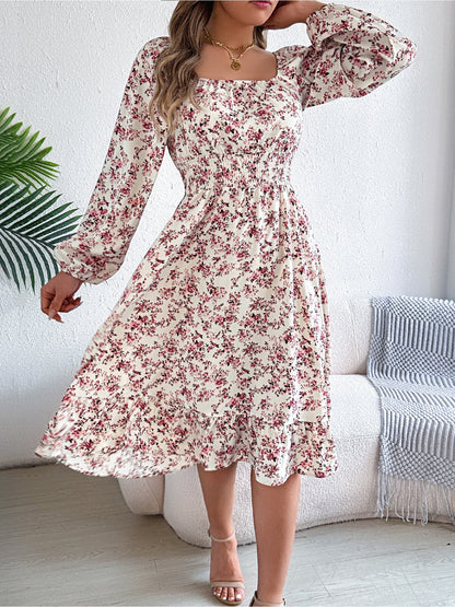 Floral Square Neck Long Sleeve Smocked A-Line Dress