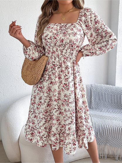 Floral Square Neck Long Sleeve Smocked A-Line Dress