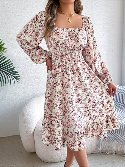 Floral Square Neck Long Sleeve Smocked A-Line Dress