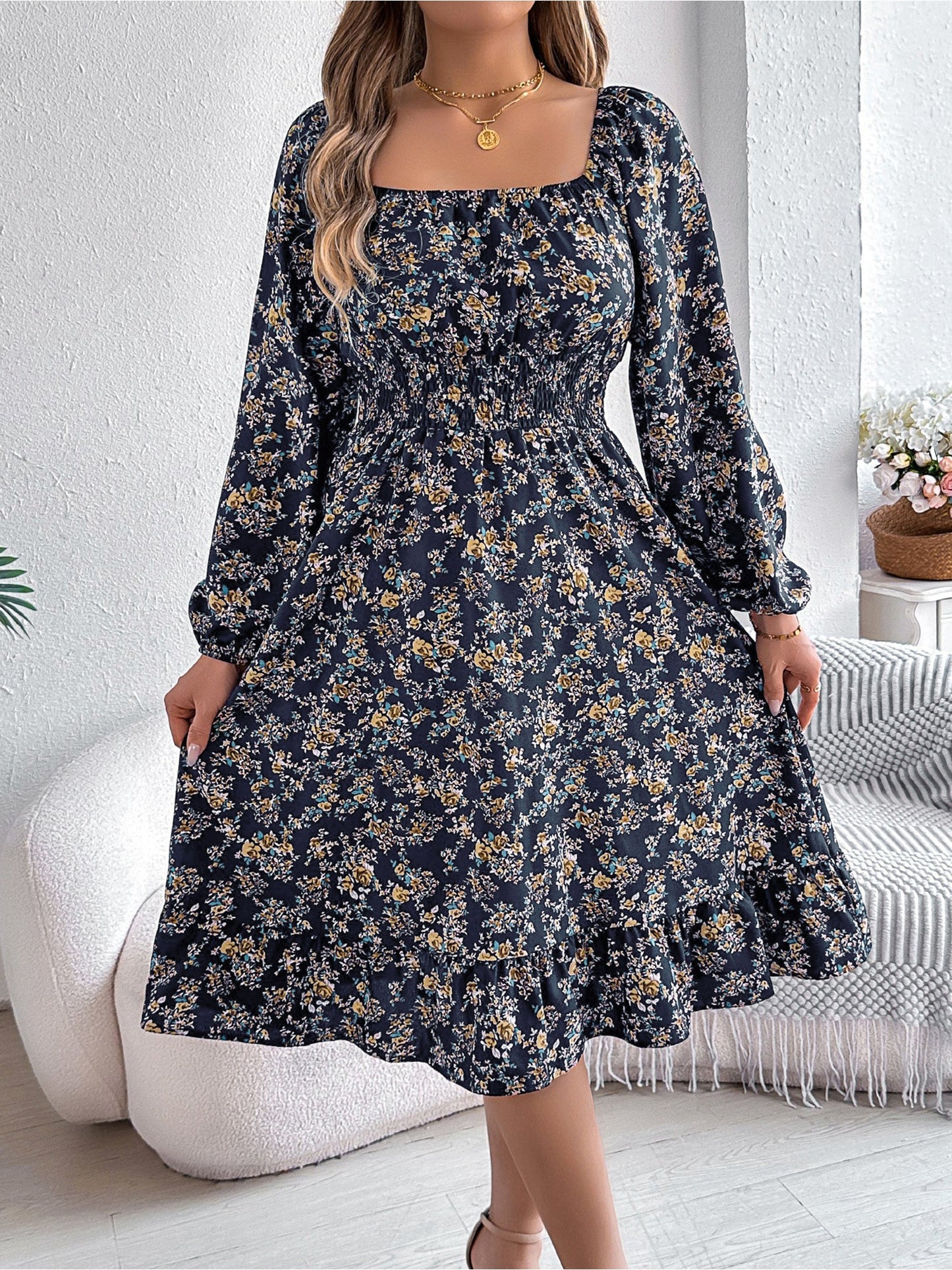 Floral Square Neck Long Sleeve Smocked A-Line Dress
