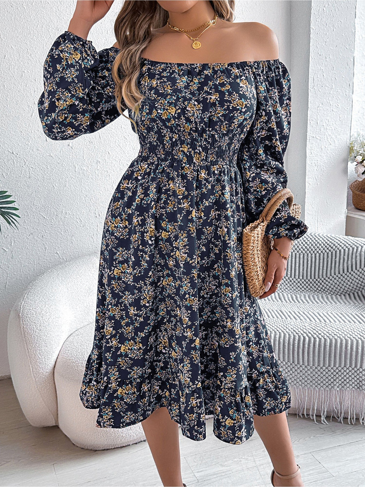 Floral Square Neck Long Sleeve Smocked A-Line Dress