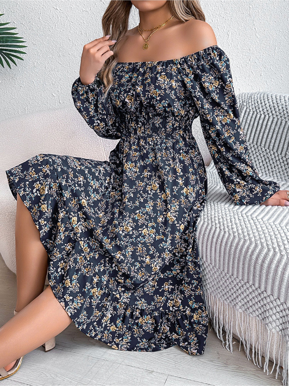 Floral Square Neck Long Sleeve Smocked A-Line Dress