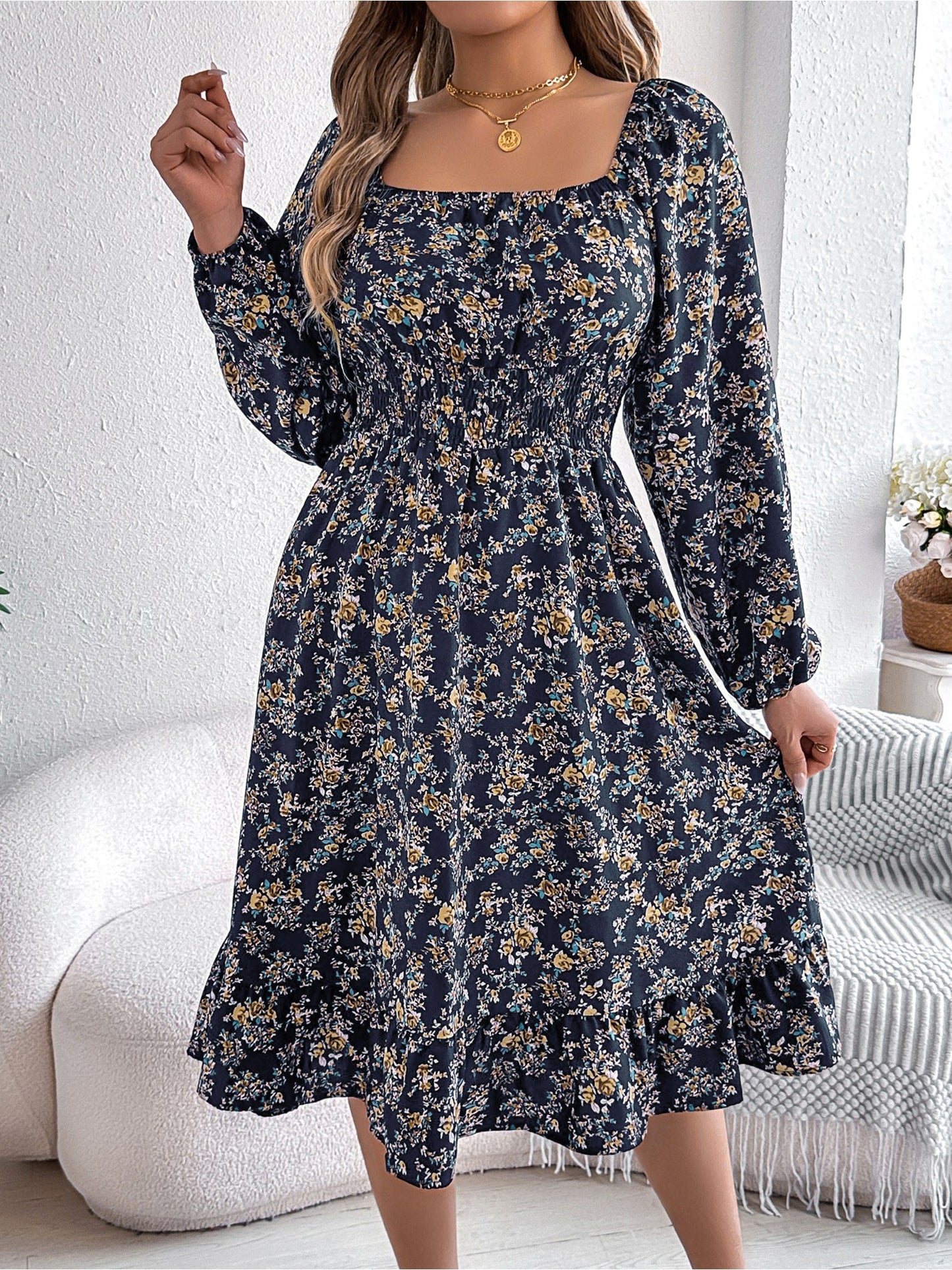 Floral Square Neck Long Sleeve Smocked A-Line Dress