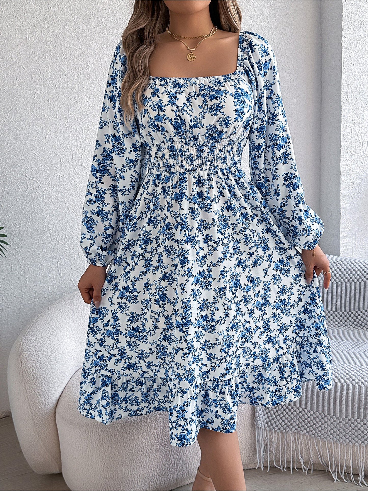 Floral Square Neck Long Sleeve Smocked A-Line Dress
