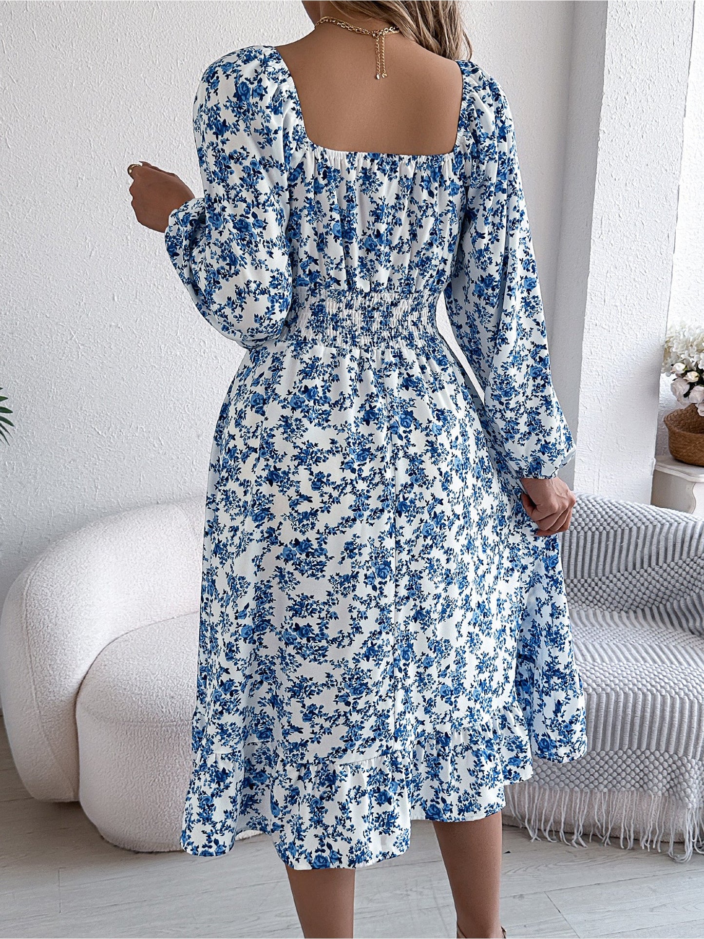 Floral Square Neck Long Sleeve Smocked A-Line Dress
