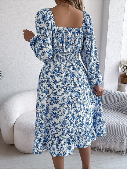 Floral Square Neck Long Sleeve Smocked A-Line Dress