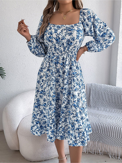 Floral Square Neck Long Sleeve Smocked A-Line Dress