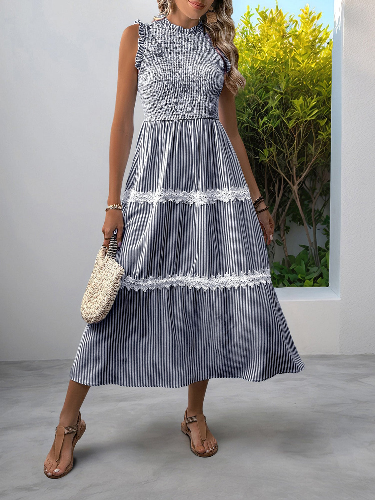 Ruffled Sleeveless Striped Smocked Lace Tiered Dress