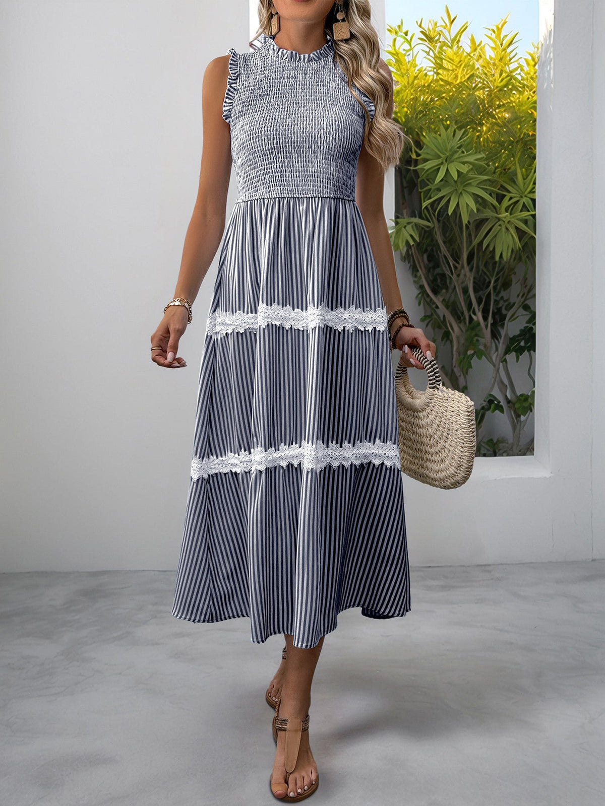 Ruffled Sleeveless Striped Smocked Lace Tiered Dress